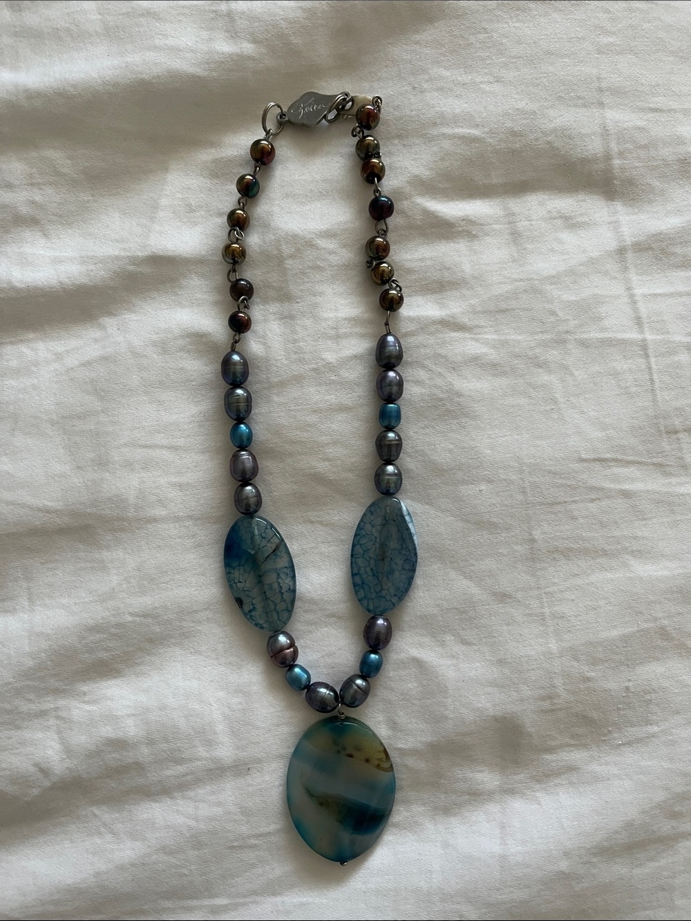 Blue Agate Pendant Necklace with Beaded Accents made by Keren Creations